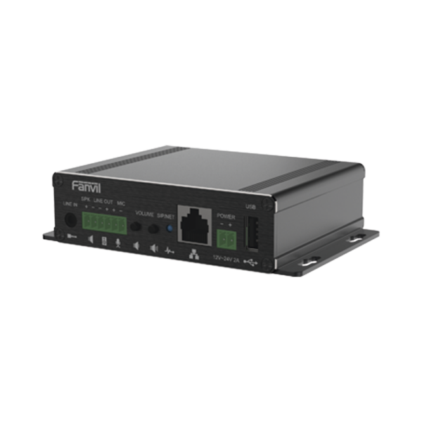 Gateway para Voceo IP/SIP, Entrada de audio (3.5mm), salida de amplificador integrado de hasta 30W, puerto USB (reproducción de MP3),